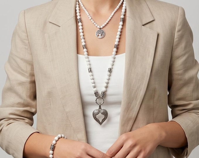 Women's pearl necklace made of white howlite with a heart pendant made of stainless steel, handmade & individual