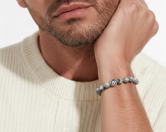 Zodiac sign pearl bracelet – unisex, jasper grey & stainless steel, stretch band 8 mm