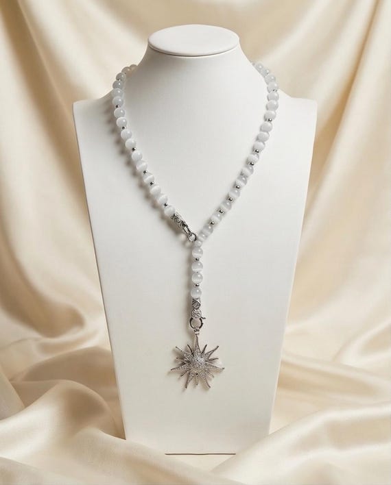 Elegant moonstone necklace with stainless steel and cubic zirconia – pendant choice: sun or lily