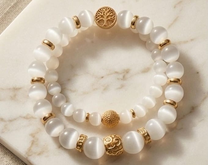 Elegant moonstone and beaded bracelet set with stainless steel elements