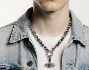 Unisex beaded necklace – Spectrolite 10 mm & stainless steel in Viking style (pendant of your choice)