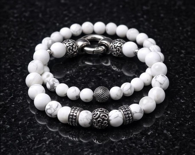 White howlite beaded bracelet set with stainless steel elements and stone choice, with or without ring