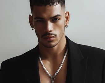 Unisex pearl necklace made of white howlite or black onyx and wolf tooth stainless steel pendant