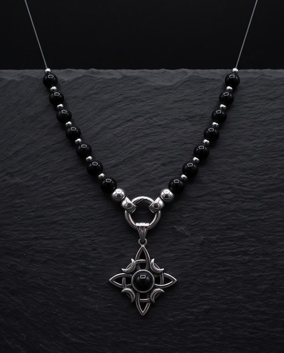 Onyx pearl necklace for women with a diamond and moon pendant – pendant freely selectable