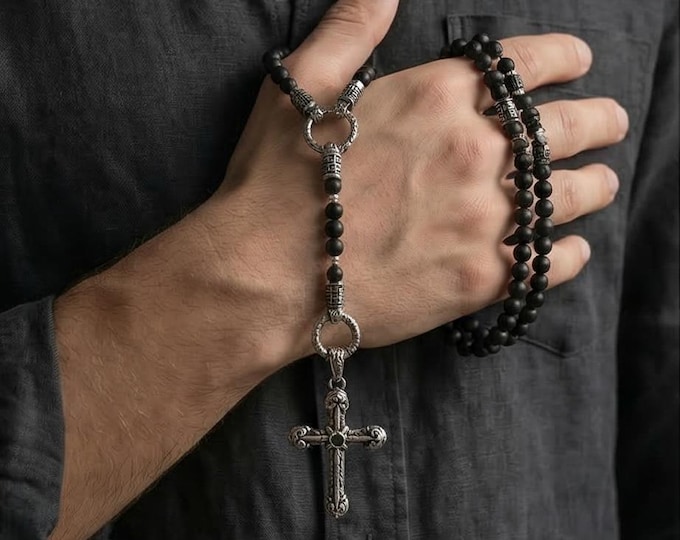 Onyx necklace with stainless steel cross – unisex & individually adjustable