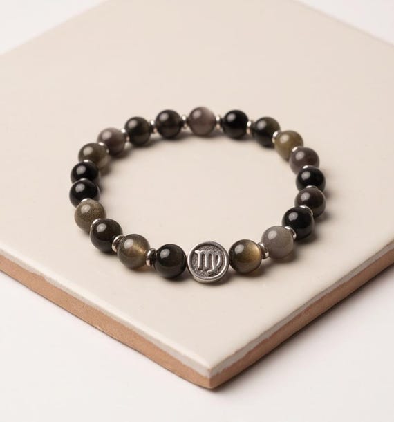 Zodiac Sign Beaded Bracelet – Unisex, Obsidian Green & Stainless Steel, 8 mm Stretch Band