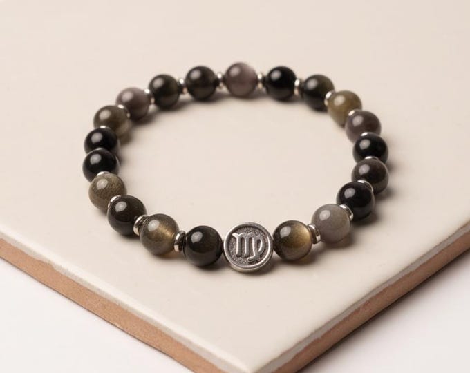 Zodiac Sign Beaded Bracelet – Unisex, Obsidian Green & Stainless Steel, 8 mm Stretch Band