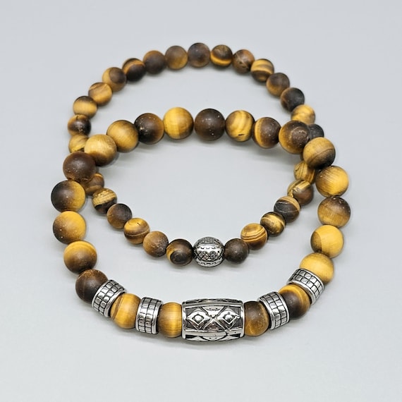 beaded bracelet set made of tiger's eye with stainless steel elements