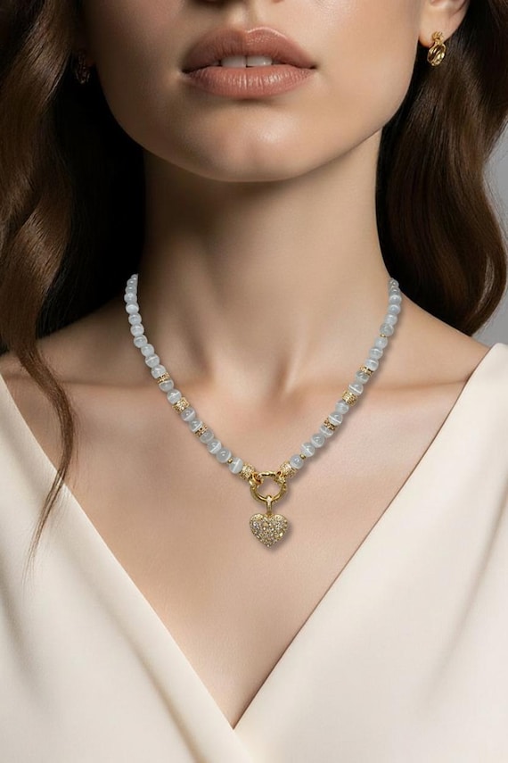 Elegant moonstone pearl necklace for women with stainless steel elements and cubic zirconia pendant of your choice