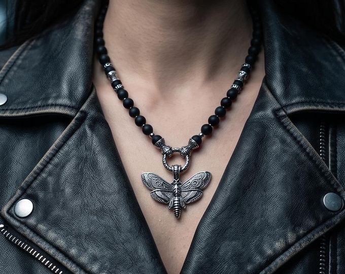 Onyx necklace with stainless steel butterfly and skull accent