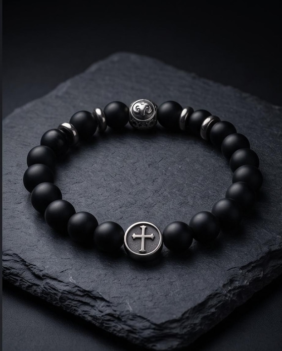 Zodiac sign beaded bracelet – unisex, matte onyx & stainless steel, 8 mm stretch band