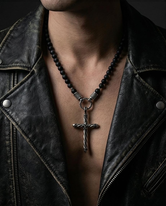 Onyx necklace with stainless steel cross pendant