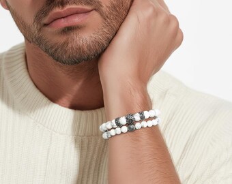 White howlite beaded bracelet set with stainless steel elements