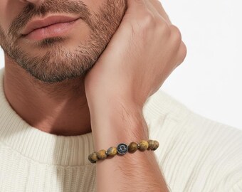 Zodiac sign beaded bracelet – unisex, matte picture jasper & stainless steel, 8 mm stretch band