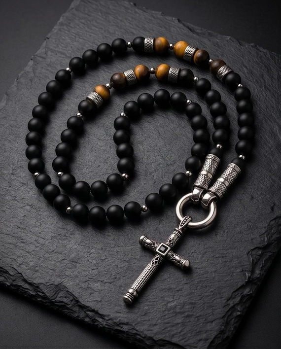 Unisex pearl necklace – onyx & tiger's eye (10 mm) with stainless steel elements and pendant of your choice