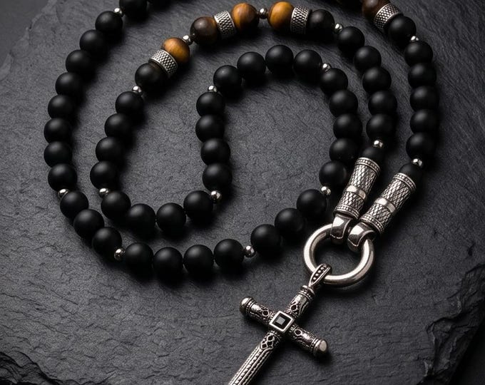 Unisex pearl necklace – onyx & tiger's eye (10 mm) with stainless steel elements and pendant of your choice