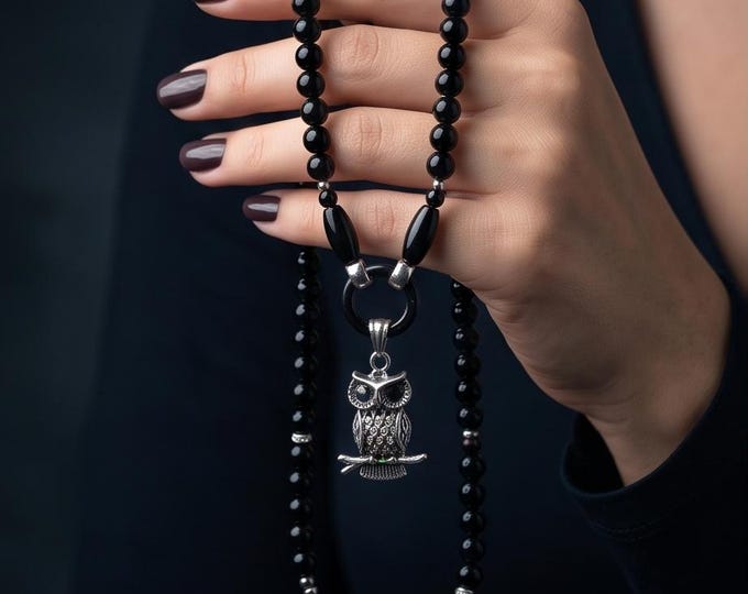 Elegant onyx necklace for women with an owl or lily pendant | Black onyx beaded necklace | Stainless steel jewelry for women