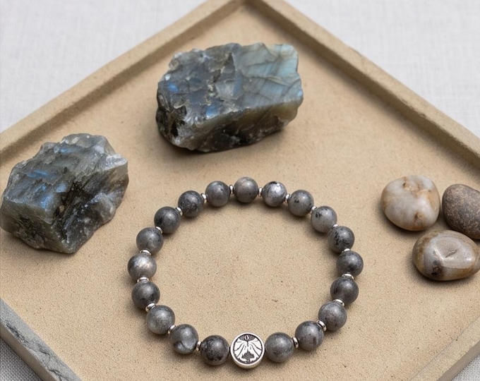 Zodiac sign pearl bracelet – unisex, labradorite & stainless steel, 8 mm stretch band