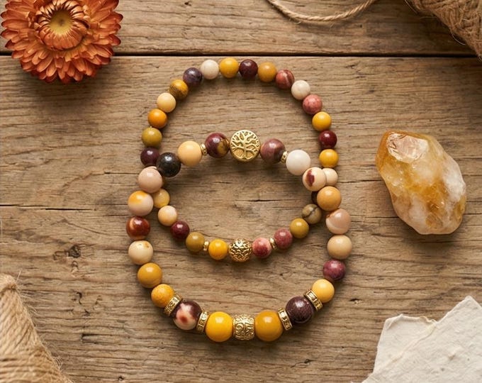 Bracelet set – Mookaite natural stone with stainless steel elements and stone selection