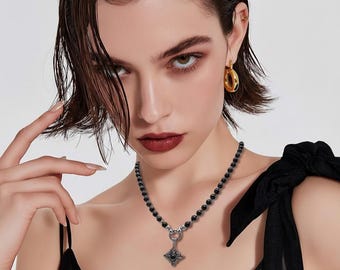 Onyx pearl necklace for women & rhombus moon pendant