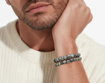 Beaded bracelet set made of green jasper stone and stainless steel elements, unisex, with stone selection options: black onyx, lava stone, howlite