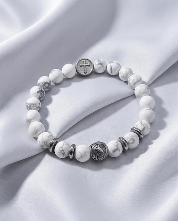 Zodiac sign beaded bracelet – unisex, white howlite & stainless steel, 8 mm stretch band