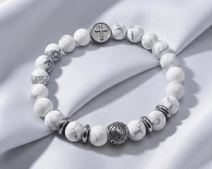 Zodiac sign beaded bracelet – unisex, white howlite & stainless steel, 8 mm stretch band