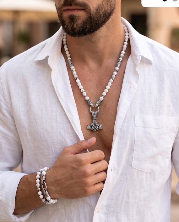 Viking necklace made of white howlite and stainless steel, Viking pendant of your choice