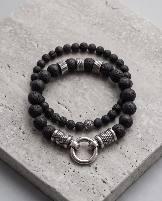 Bracelet set – Lava stone & stainless steel (6 mm and 10 mm)