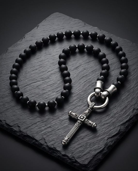 Onyx necklace 8 mm with stainless steel cross & pendant of your choice