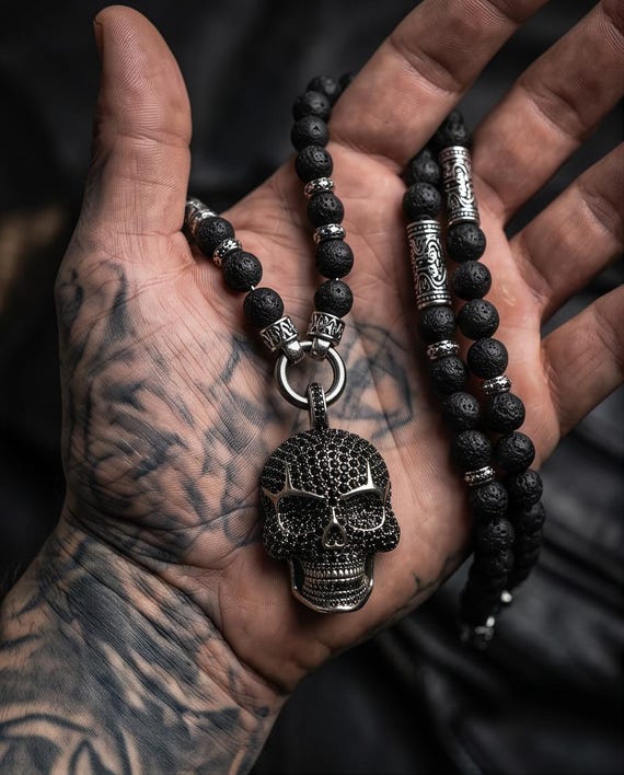 Rock-inspired men's necklace with onyx/lava stone & rhinestone skull
