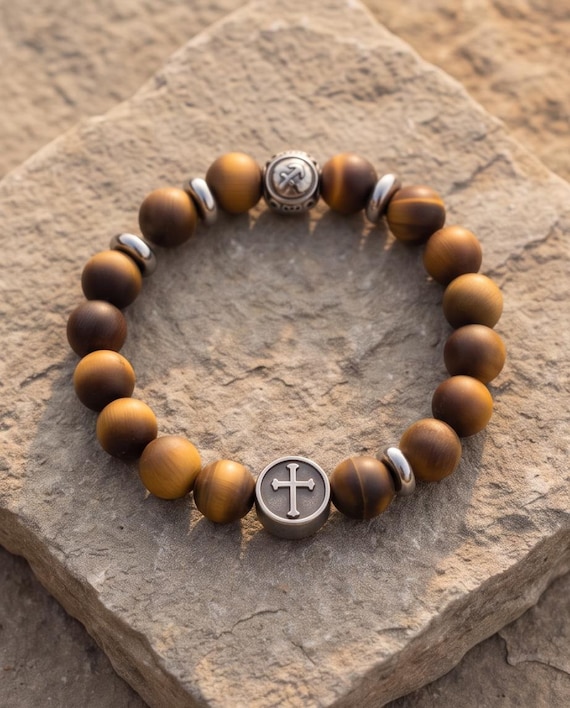 Zodiac sign beaded bracelet – unisex, tiger's eye & stainless steel, 8 mm stretch band