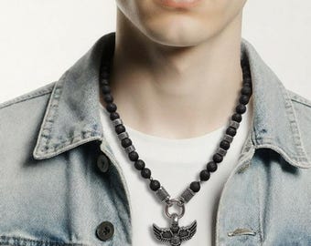 Unisex beaded necklace – 10 mm lava stone with stainless steel skull pendant (pendant of your choice)