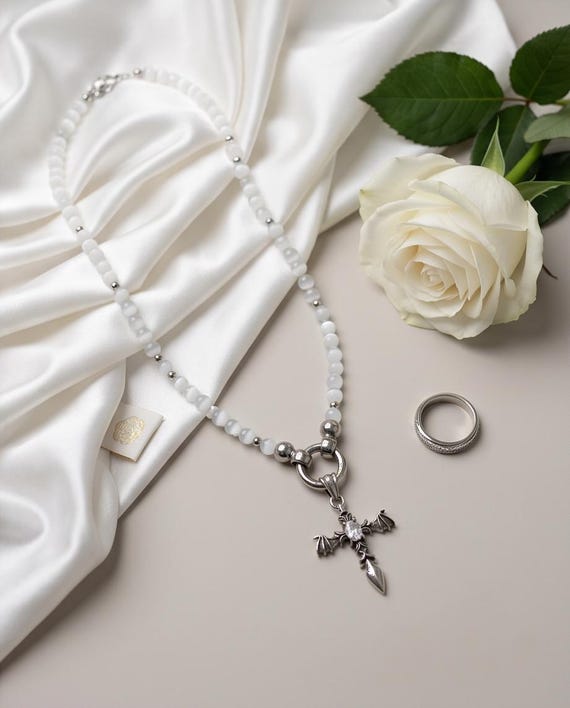 Elegant moonstone pearl necklace with cross pendant