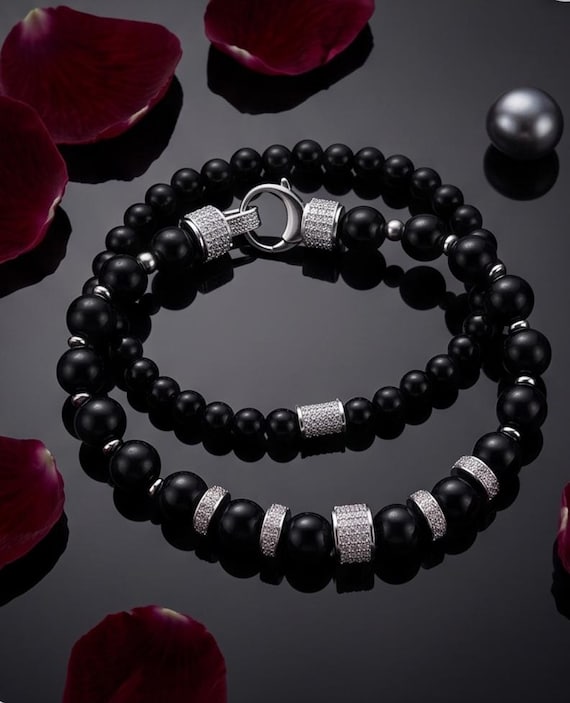 Elegant onyx bracelet set with stainless steel & zirconia