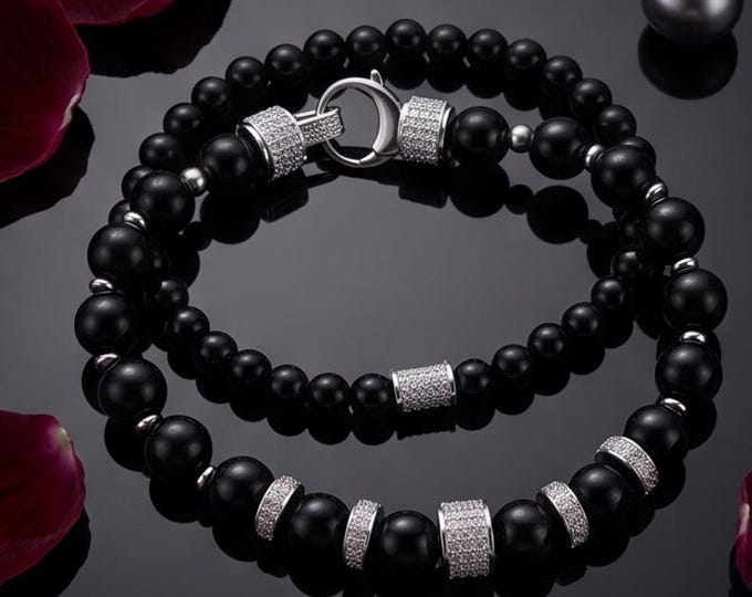 Elegant onyx bracelet set with stainless steel & zirconia