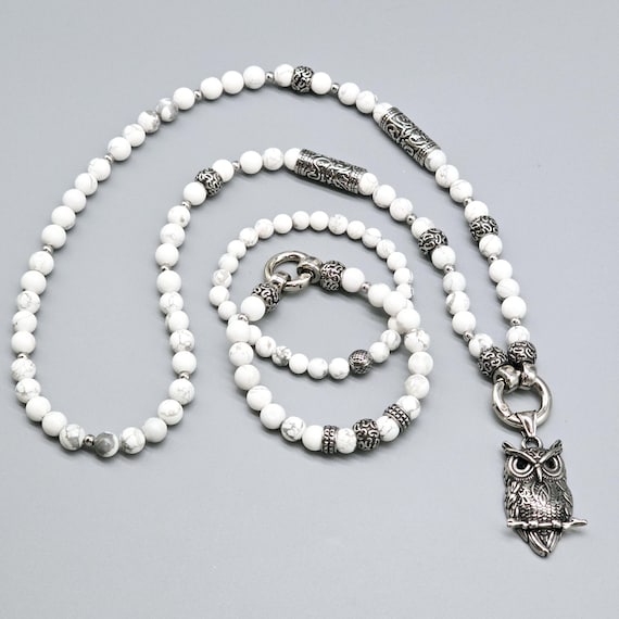 Unisex pearl necklace made of white howlite with stainless steel elements, stainless steel pendant and stone of your choice