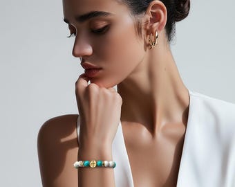 Bracelet set “Magnesite Turquoise & Howlite” and stainless steel elements in gold