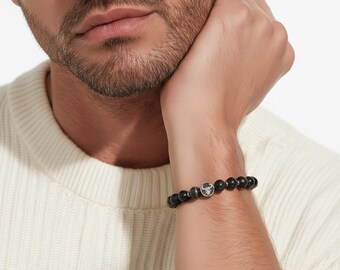 Zodiac sign pearl bracelet – unisex, moonstone grey & stainless steel, 8 mm stretch band