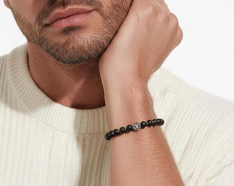 Zodiac sign beaded bracelet – unisex, matte onyx & stainless steel, 8 mm stretch band