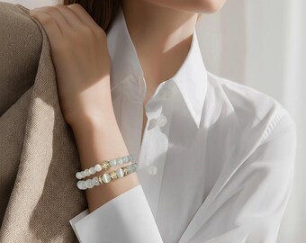 Elegant moonstone and beaded bracelet set for women with stainless steel elements and cubic zirconia stones