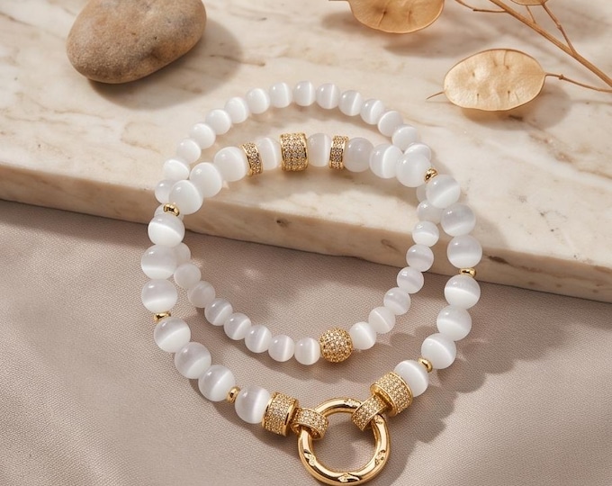 Elegant moonstone and beaded bracelet set for women with stainless steel elements and cubic zirconia stones