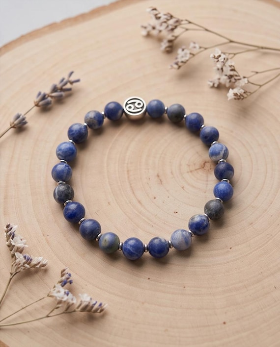 Zodiac sign beaded bracelet – unisex, sodalite & stainless steel, 8 mm stretch band