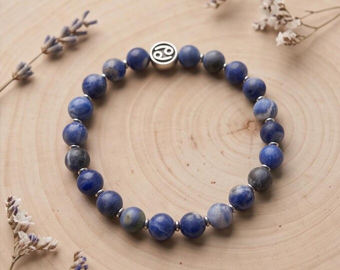 Zodiac sign beaded bracelet – unisex, sodalite & stainless steel, 8 mm stretch band