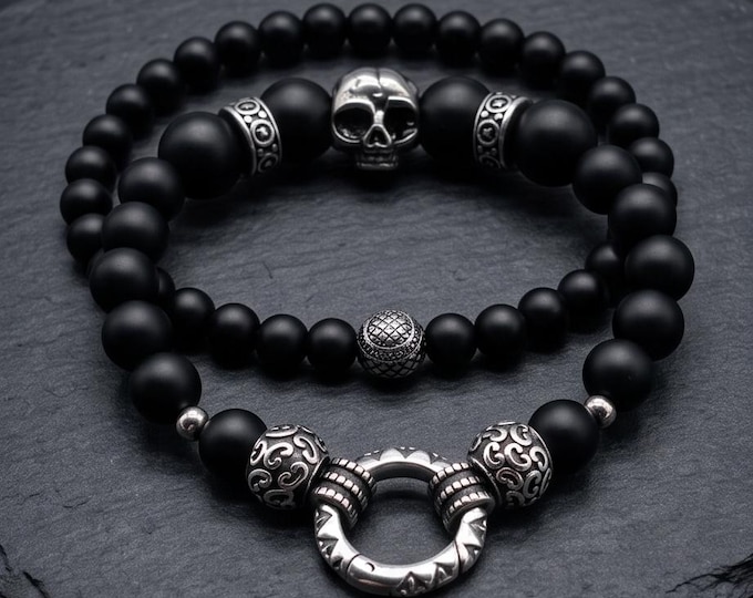 Beaded bracelet set with skull and stainless steel elements | Available with or without a ring