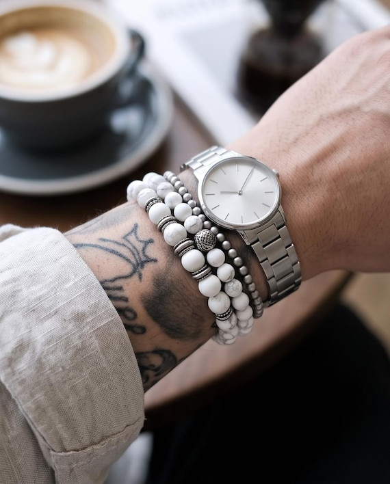 Bracelet set made of white howlite and stainless steel, stone selection possible