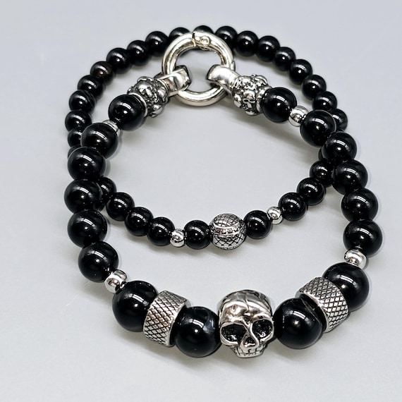 Pearl bracelet set made of black onyx stone and stainless steel elements