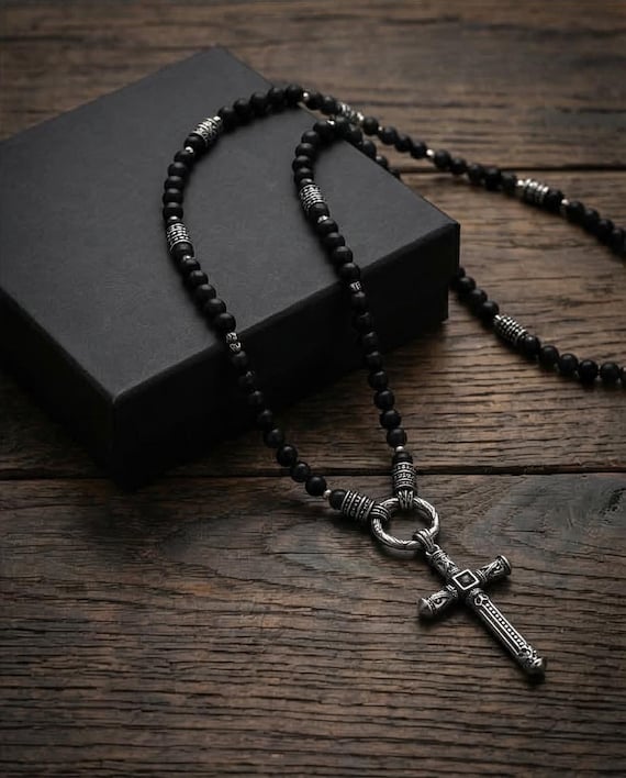 Onyx necklace with stainless steel cross pendant – individually customizable
