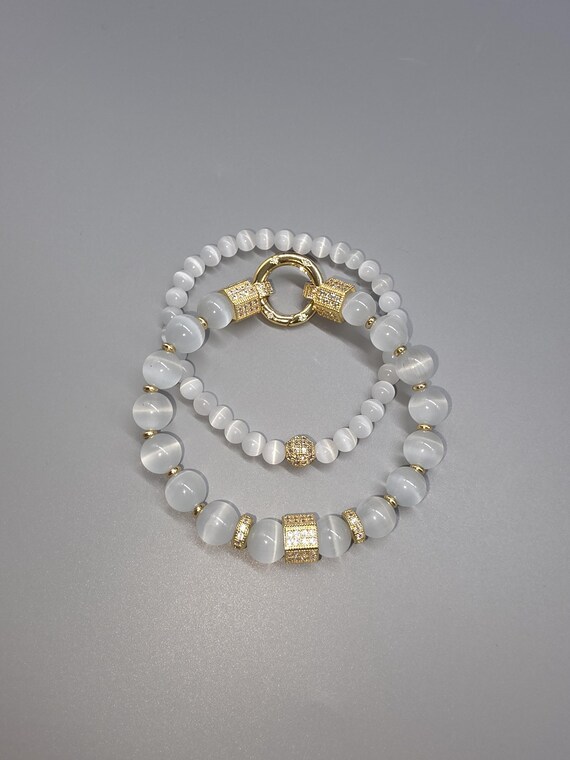 Bracelet Set – White Onyx with Stainless Steel & Zirconia