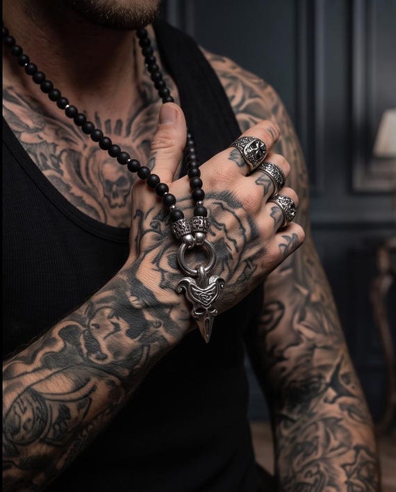 Black onyx bead necklace with stainless steel elements and skull pendant of your choice